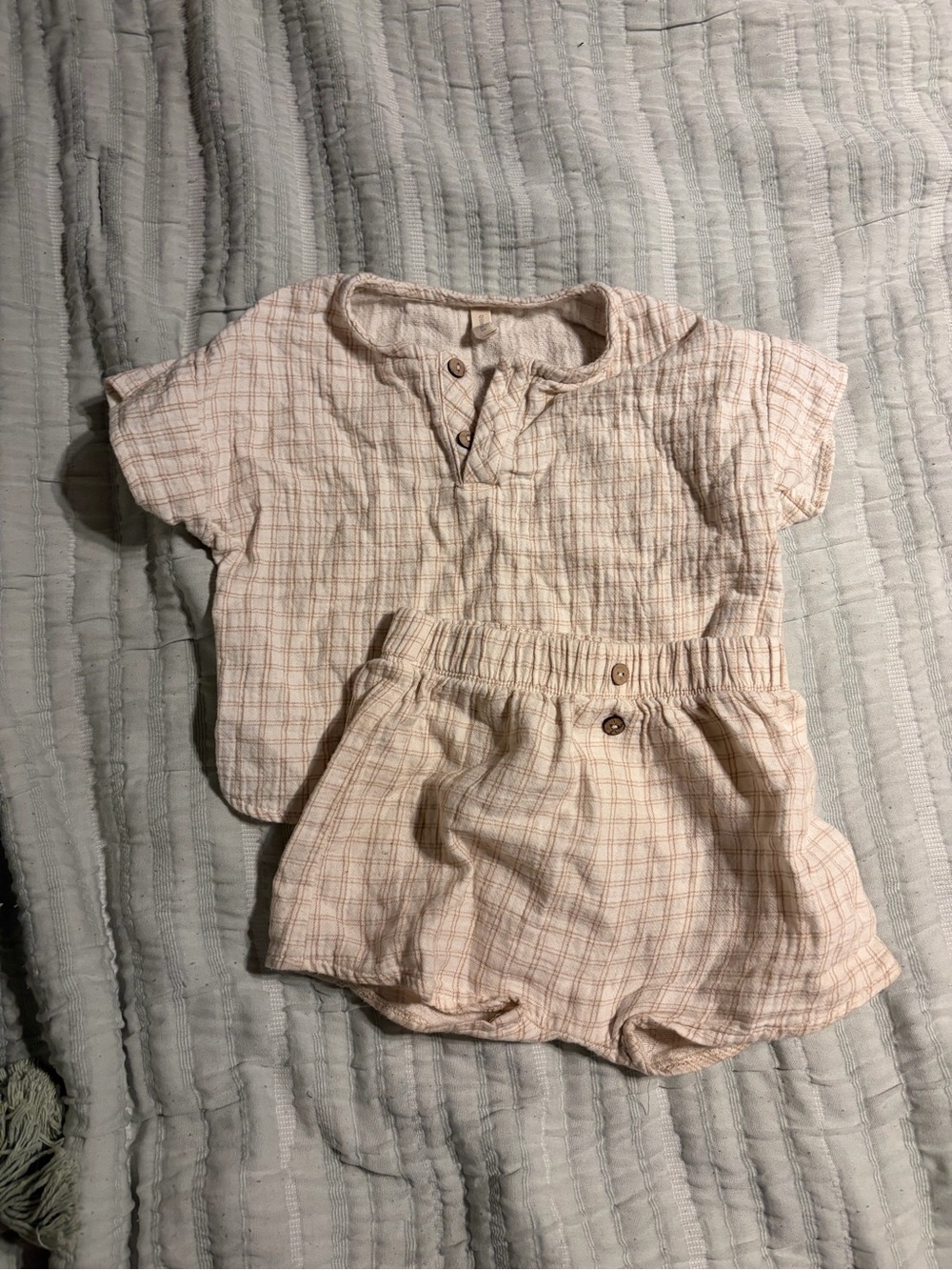 Quincy Mae Neutral Plaid Cotton Top & Shorts Set - Soft Cream